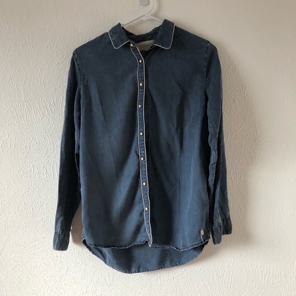 Maison Scotch Button Up Navy Distressed Shirt pearl snap buttons